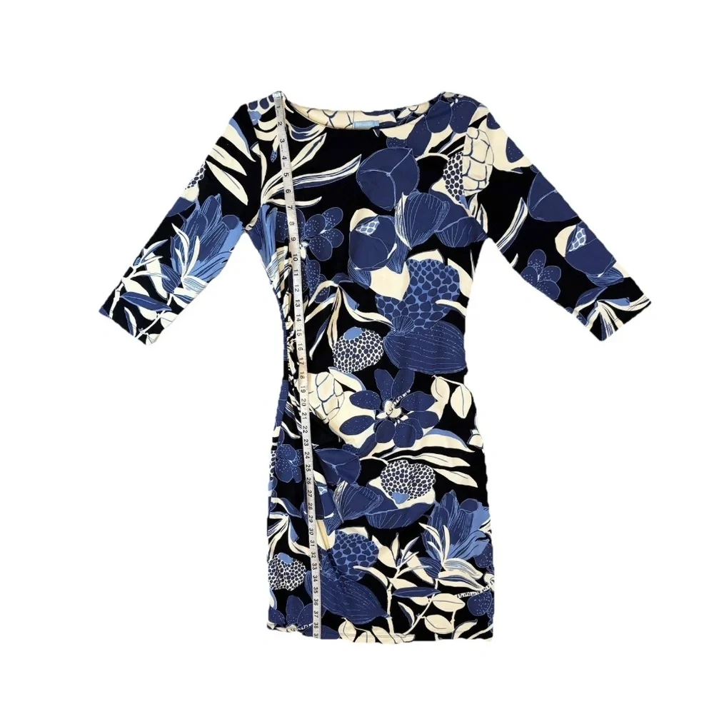 J McLaughlin Size S Blue Floral Catalina Cloth Ruched Sheath Dress 3/4 Sleeve - Picture 5 of 15